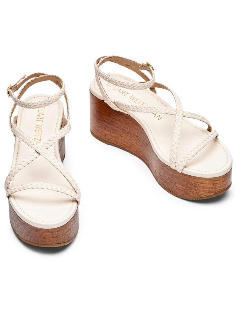 STUART WEITZMAN NIB WOVETTE SEASHELL WALLNUT WOOD WEDGE SANDAL. SIZE 9 B - Picture 5 of 16